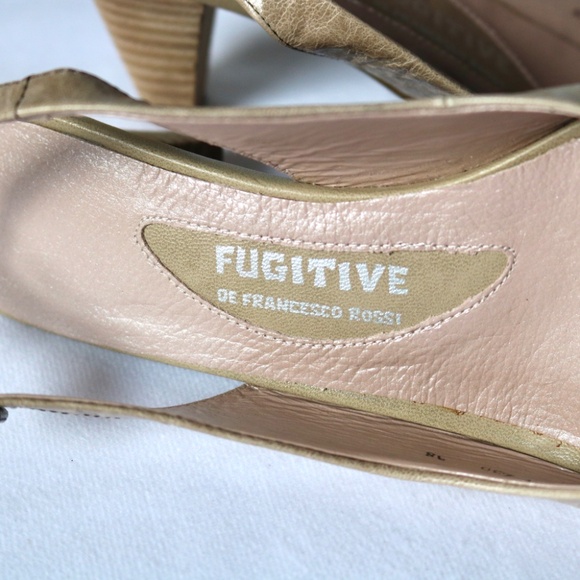 FUGITIVE By Francesco Rossi Leather Sling Back Heels Beige/Kaki Unique Size 38 - Picture 10 of 14
